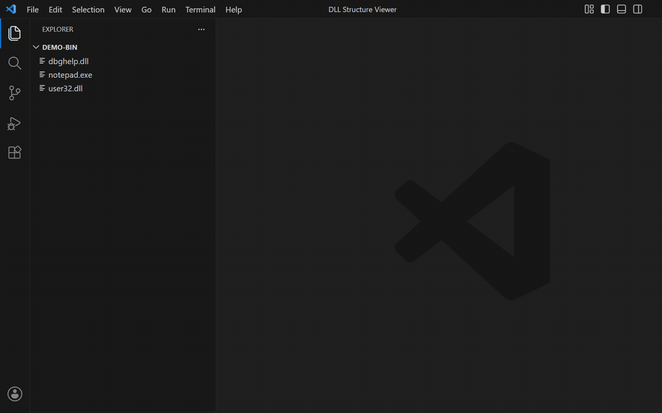 Opening a DLL in VS Code and browsing its exports, imports, dependency tree, and sections