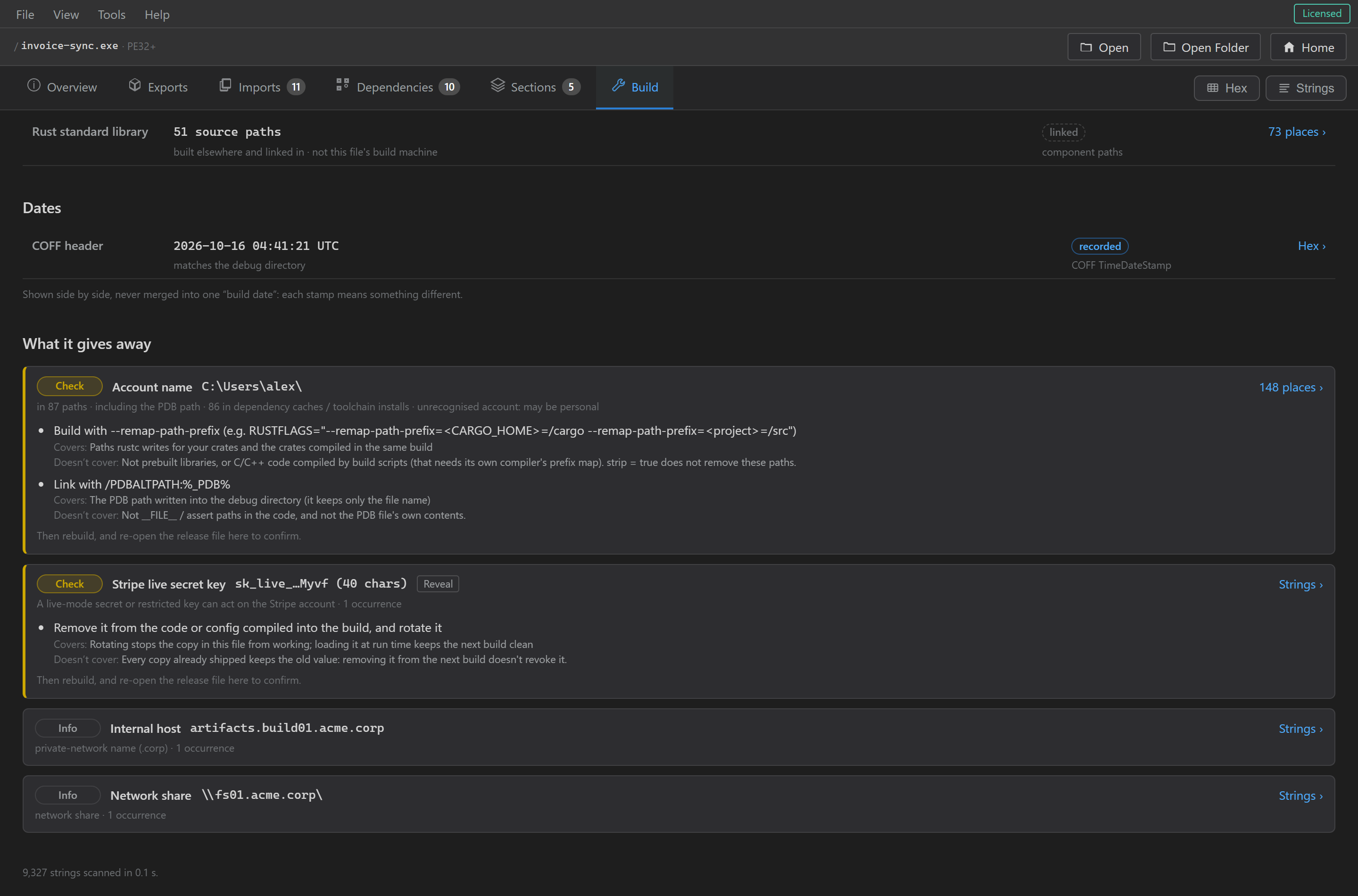 Build: a deliberately leaky demo build. An account name in 87 paths, a masked Stripe live key, an internal host and a network share, each with its fix or note