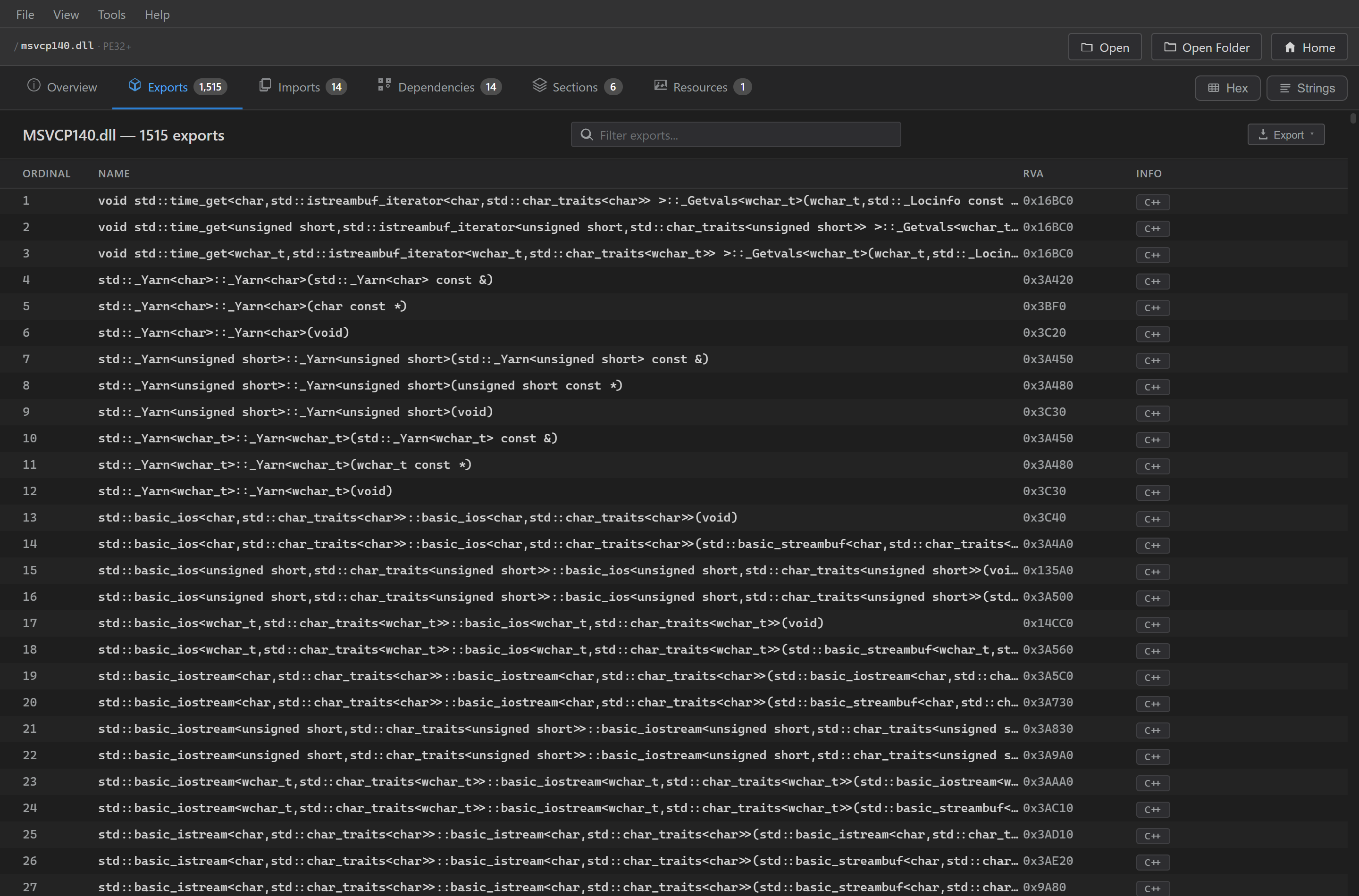 Exports — mangled C++ symbols shown as readable signatures