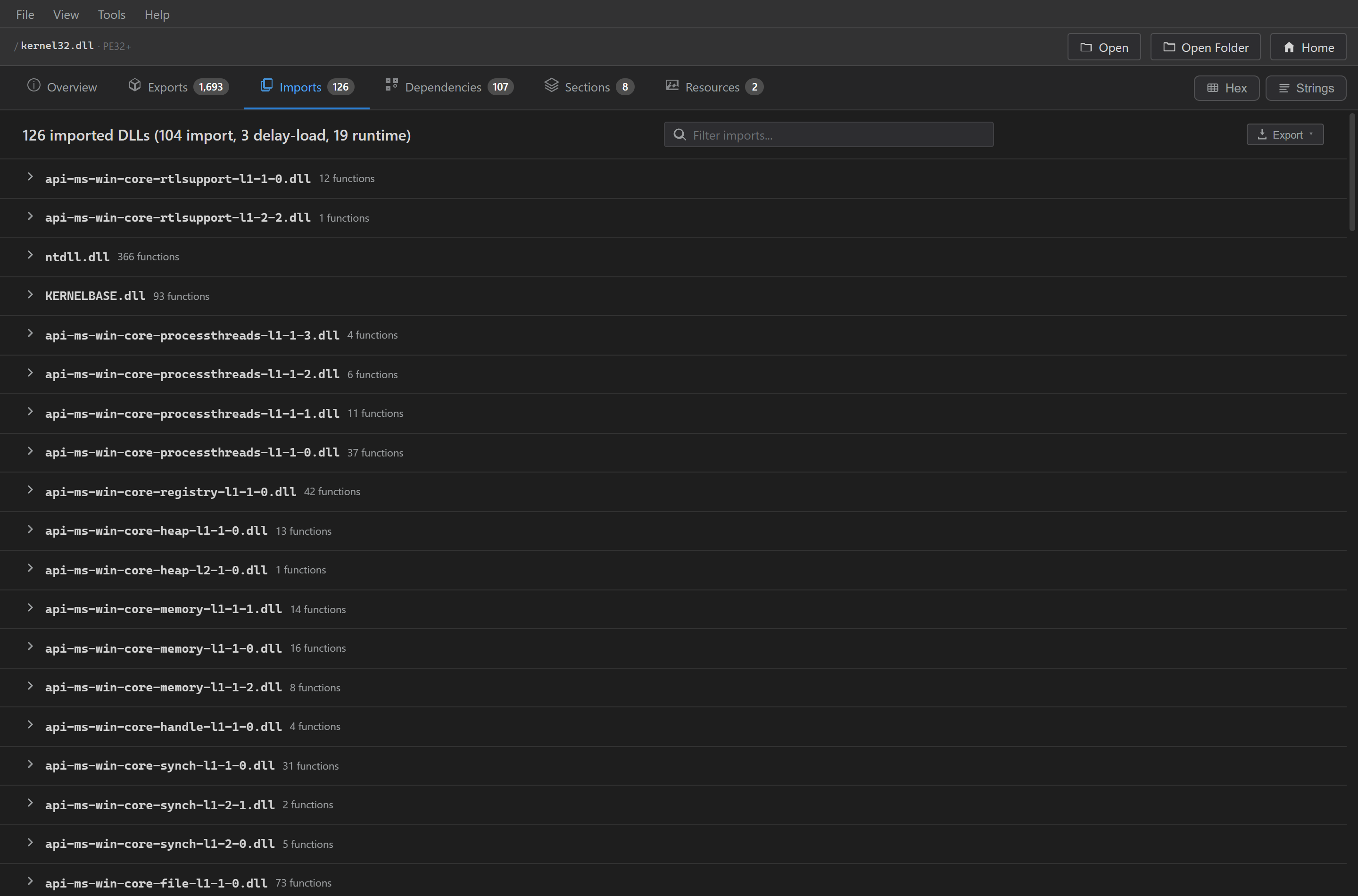 Imports — grouped by source DLL, with Win32 API prototypes shown inline