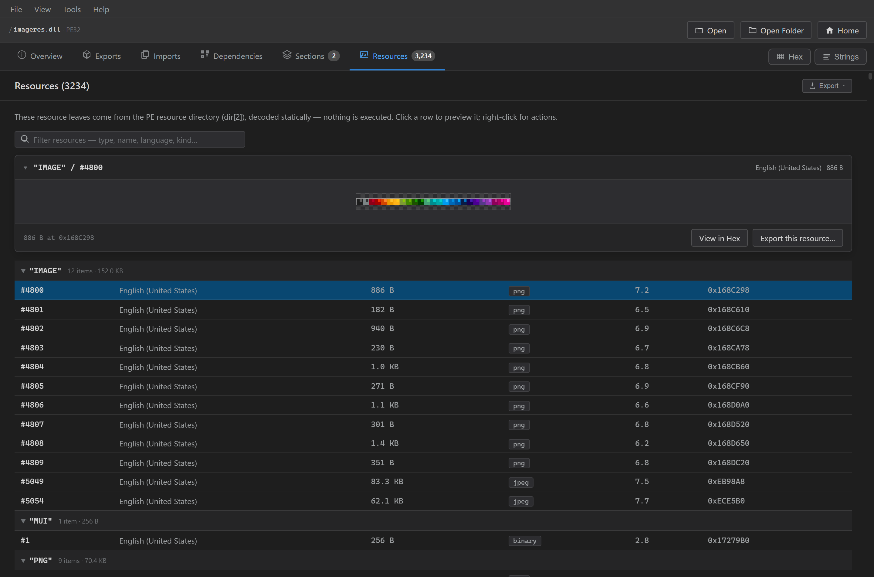 Resources — the full tree with rendered image previews and per-leaf export