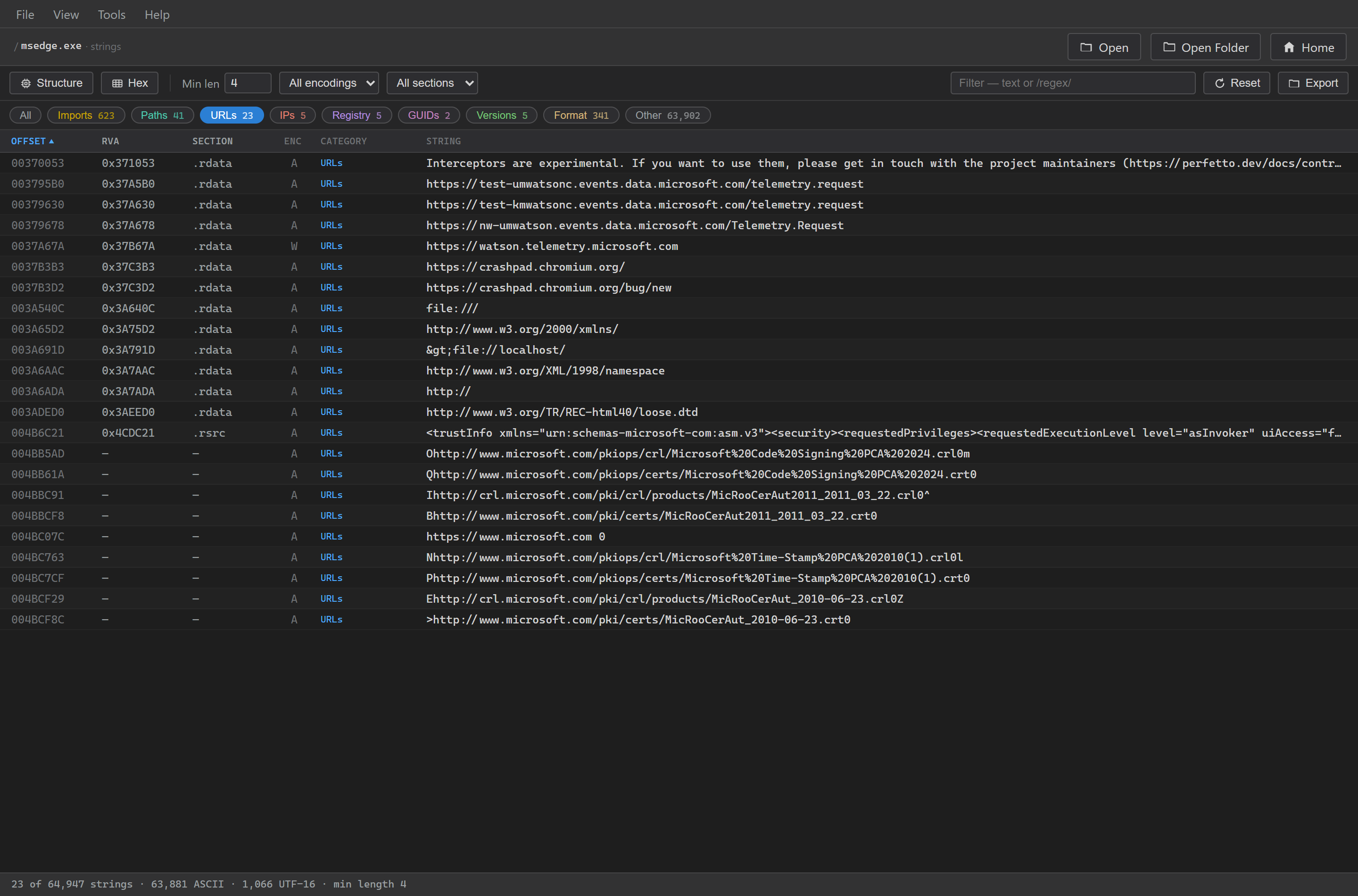 Strings — one click isolates every URL inside Microsoft Edge: telemetry endpoints, crash reporters and certificate servers