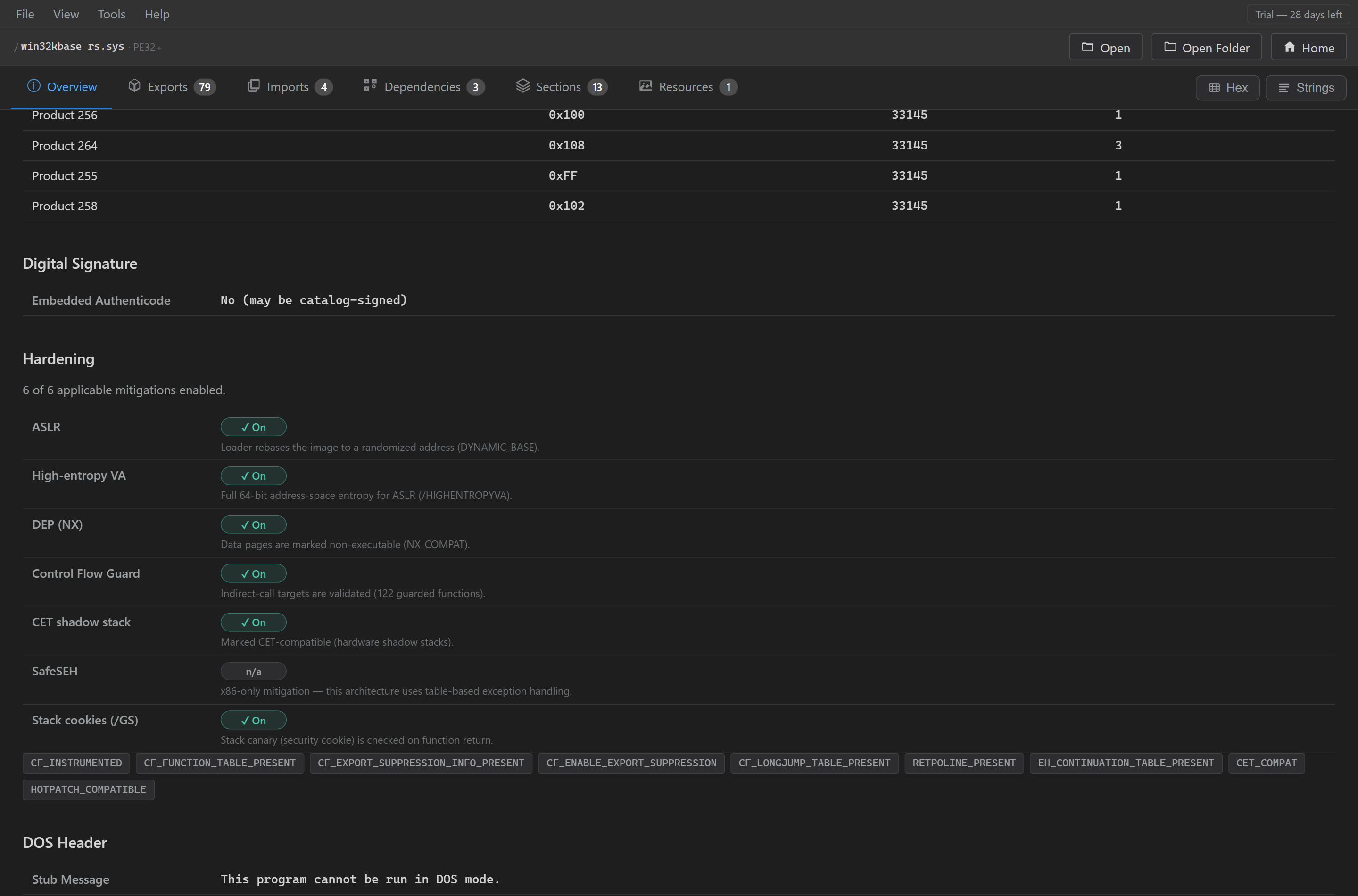 Overview, lower half. No embedded Authenticode signature, which is what a catalog-signed Windows component looks like, every applicable mitigation flag set, including CET shadow stacks and retpoline, and HOTPATCH_COMPATIBLE among the extended characteristics.