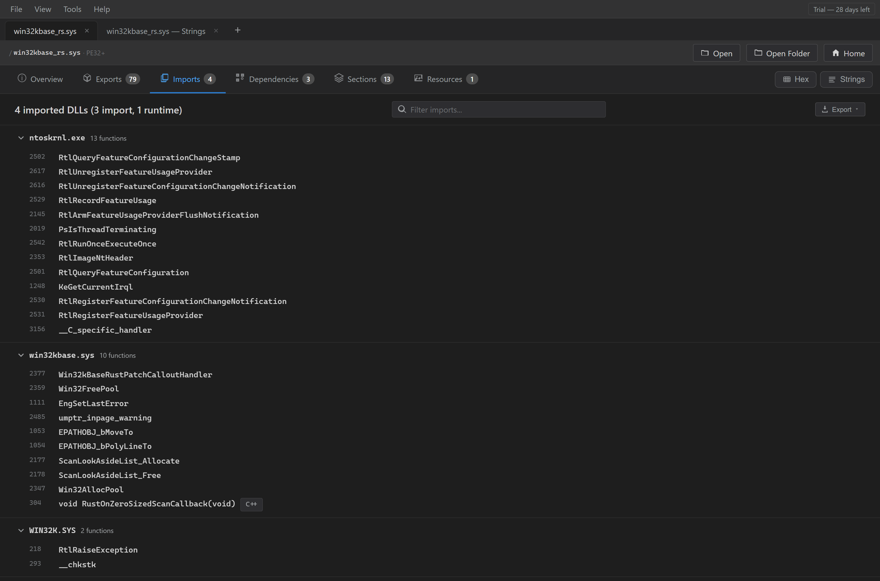 Imports, expanded. The C++ side of the boundary exports helpers with Rust in their names, and the driver can read Windows feature flags through the RtlQueryFeatureConfiguration family.