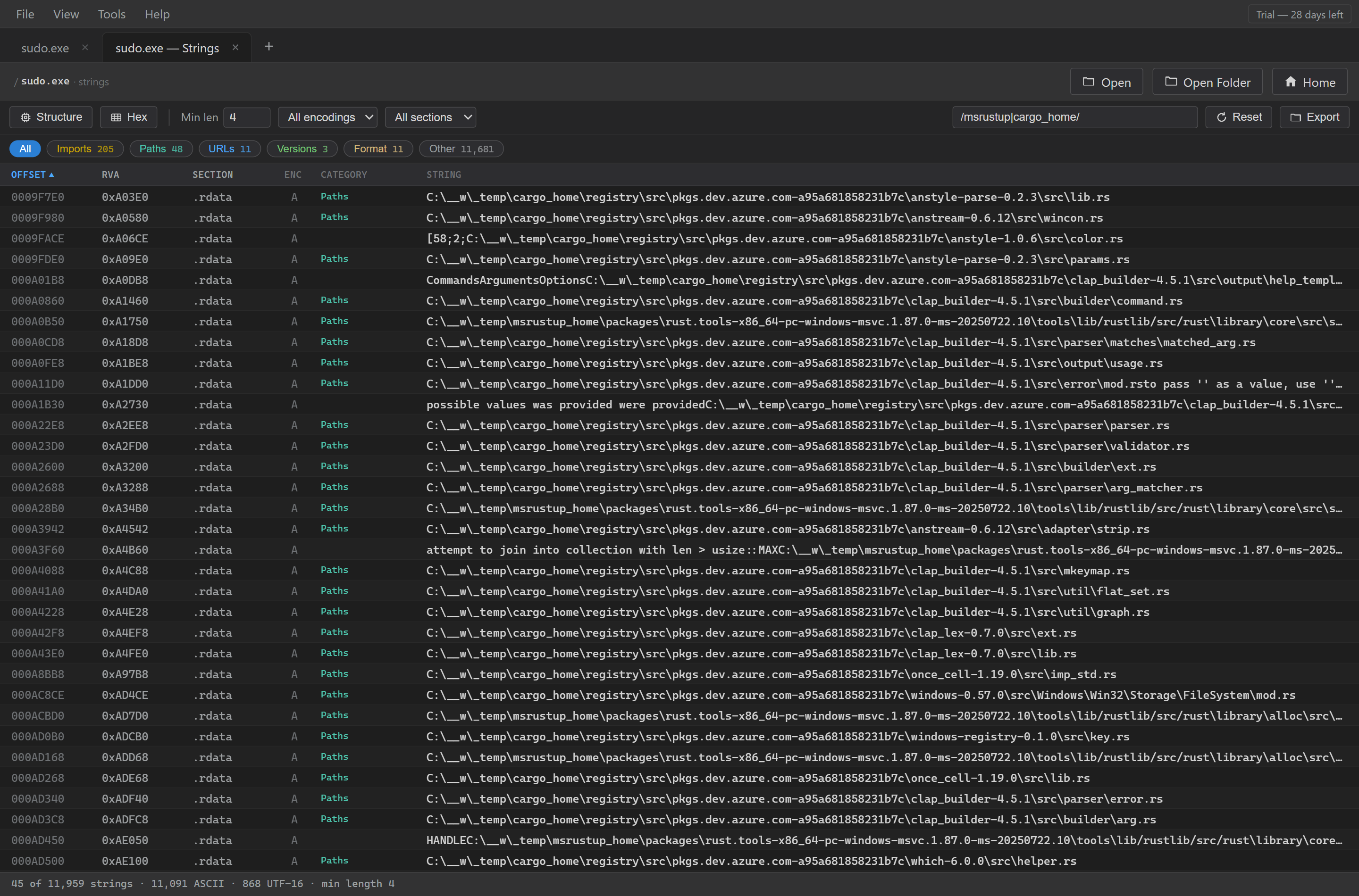 sudo.exe 1.0.1, strings filtered for the build paths. The toolchain is an internal Microsoft Rust package, and every dependency path in view points at an Azure Artifacts feed rather than crates.io.