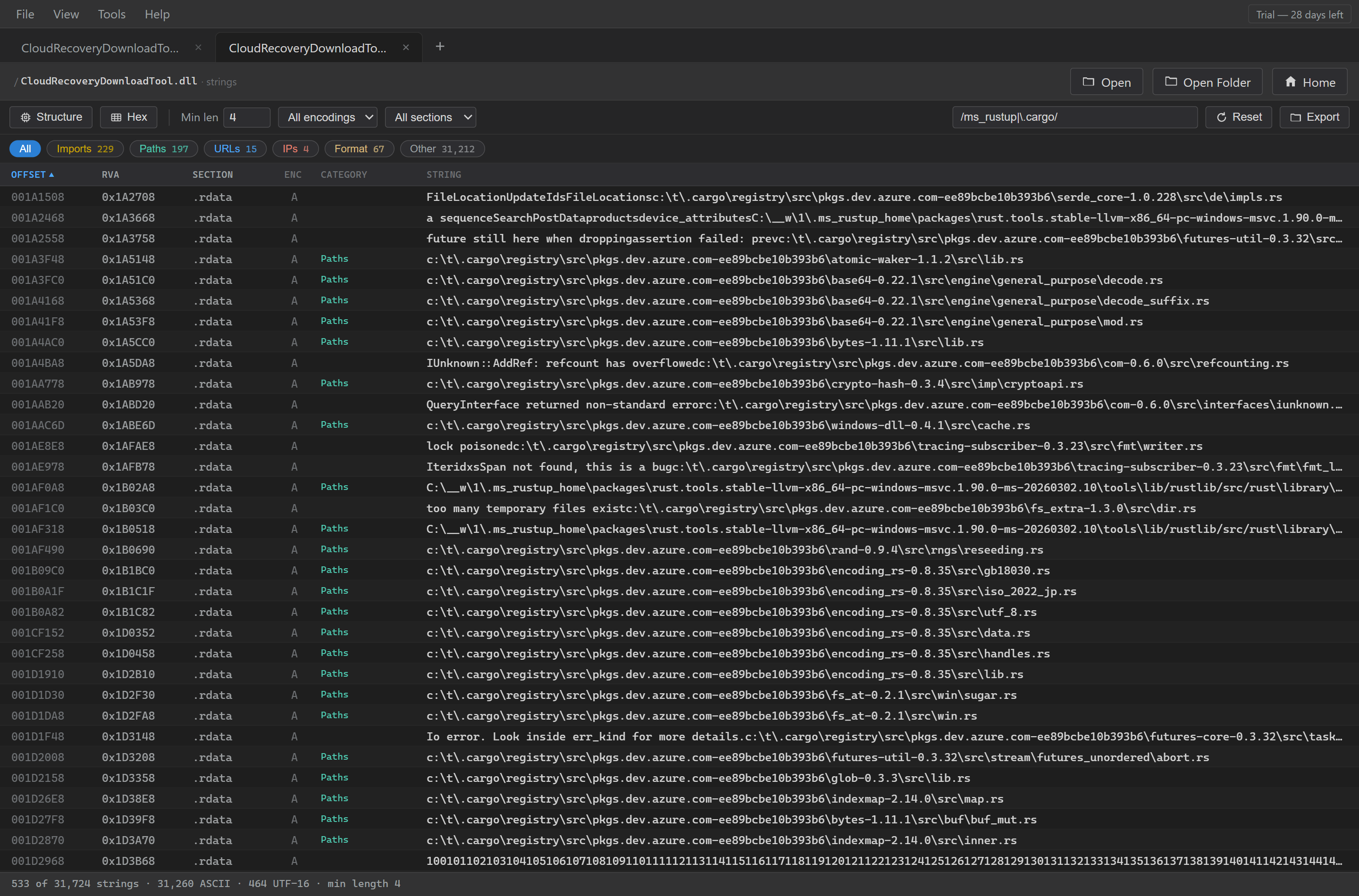 CloudRecoveryDownloadTool.dll 0.3.28.0. Built with Microsoft's Rust 1.90 package from March 2026; 533 strings match the build-path filter.