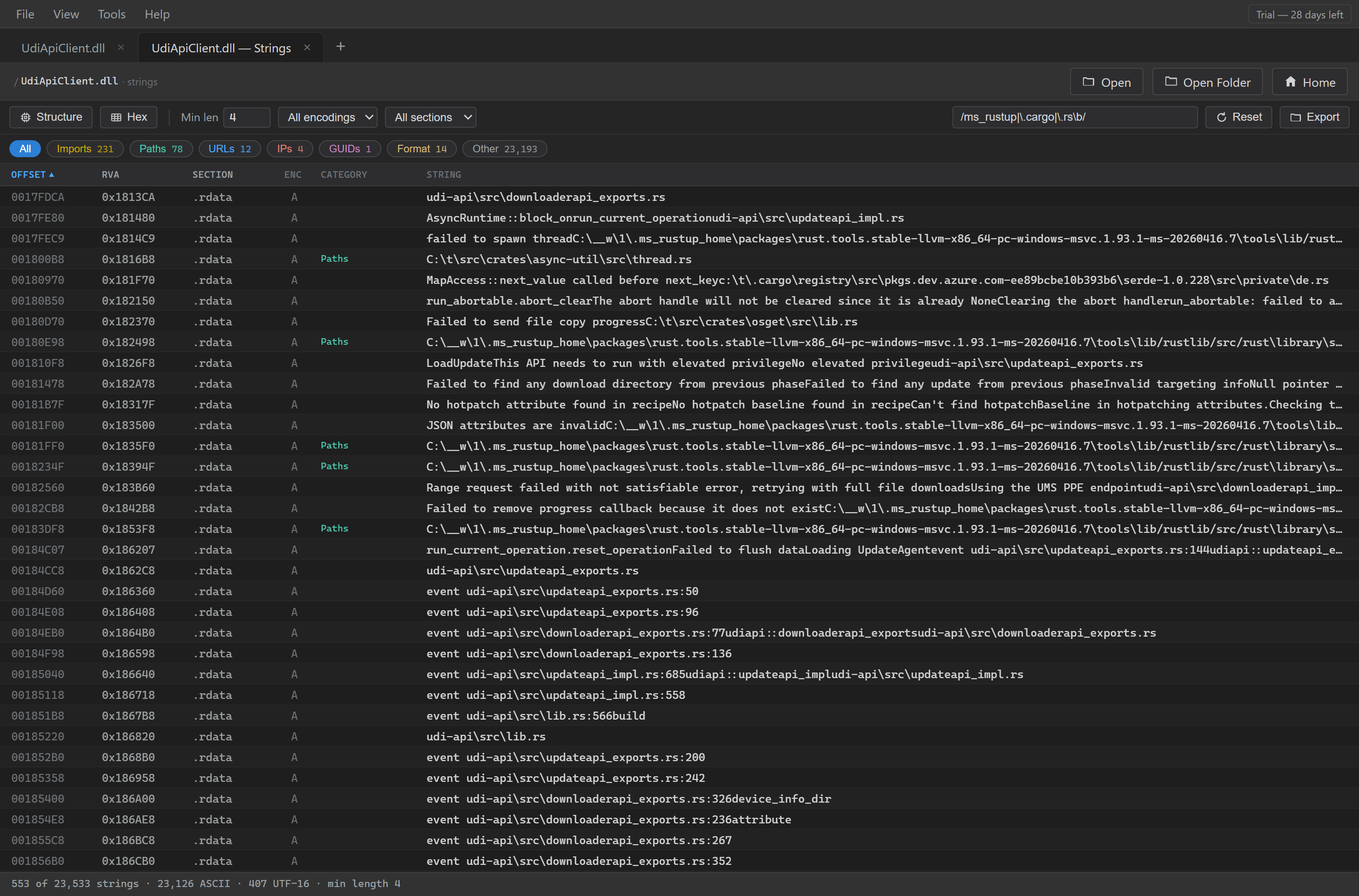 UdiApiClient.dll 0.4.45.0, Microsoft Universal Download and Install. Rust 1.93.1 from April 2026, with its own log strings naming the source files and line numbers.