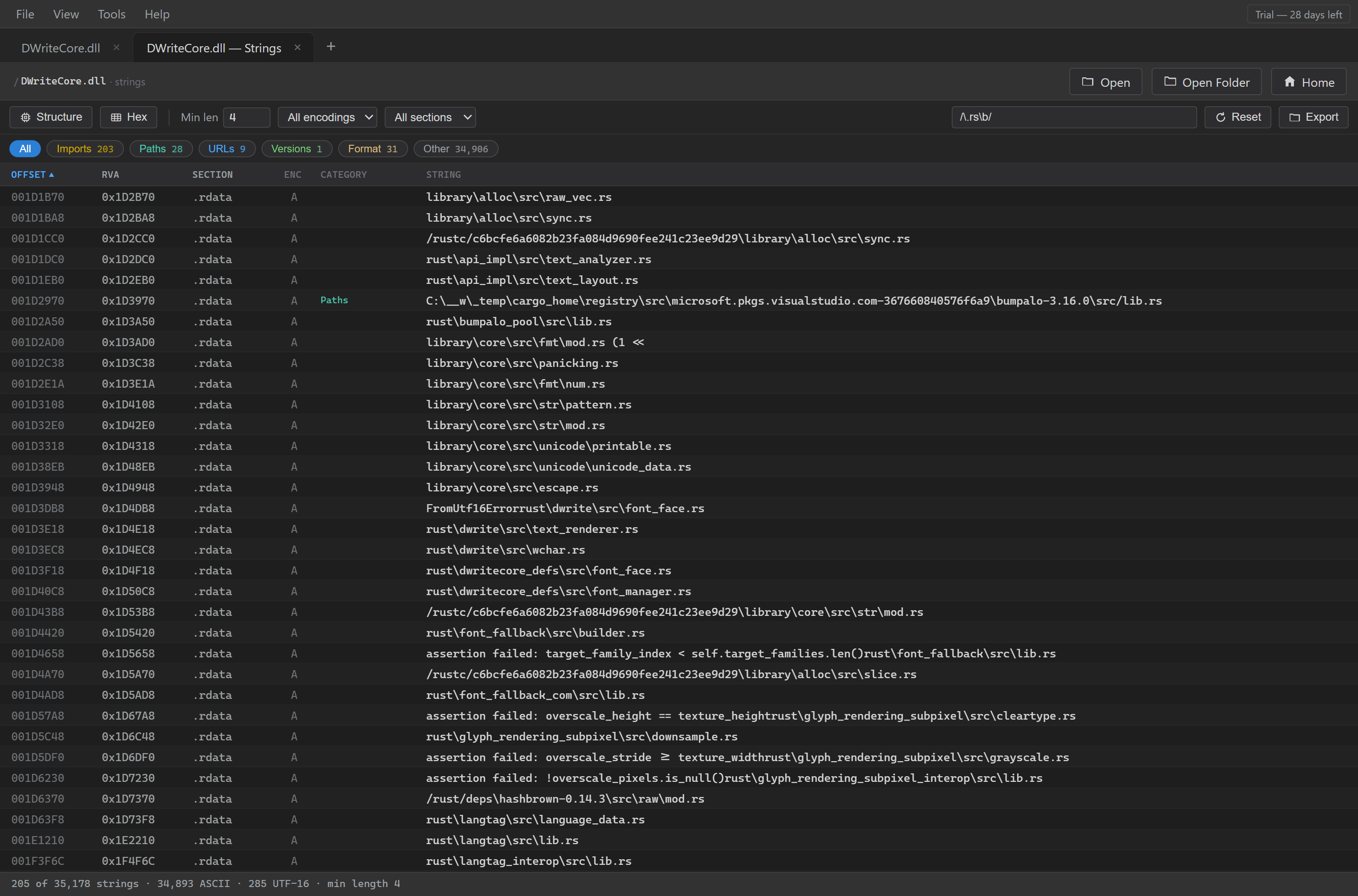 DWriteCore.dll from the Windows App SDK 1.7.1 as bundled with WSL. 205 extracted strings match /\.rs\b/: font_face.rs, cleartype.rs, font_fallback, langtag, plus bumpalo from a Visual Studio package feed and hashbrown vendored with the toolchain.