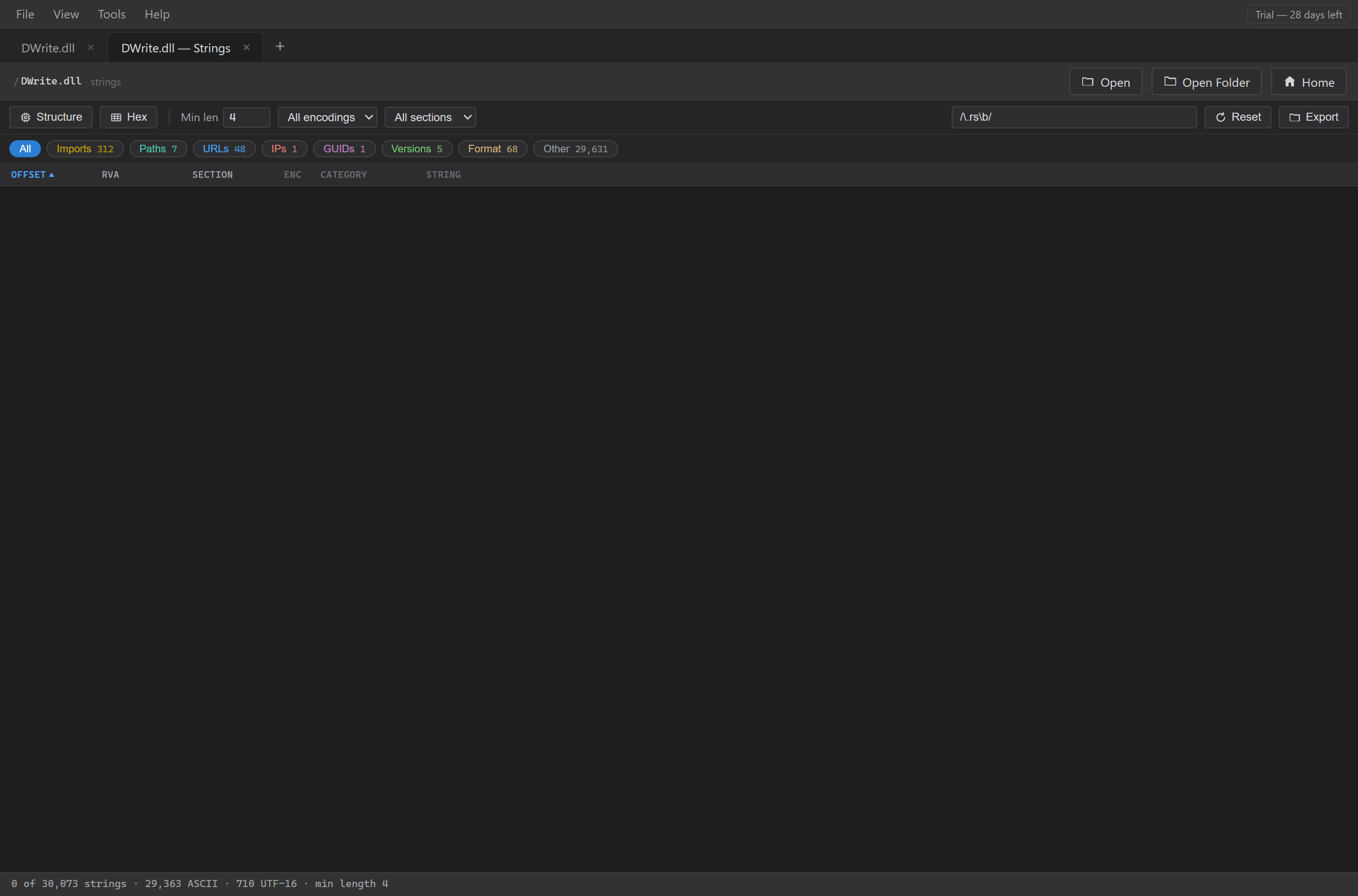System32\DWrite.dll. Zero of 30,073 extracted strings match /\.rs\b/. Nothing in this file says Rust.