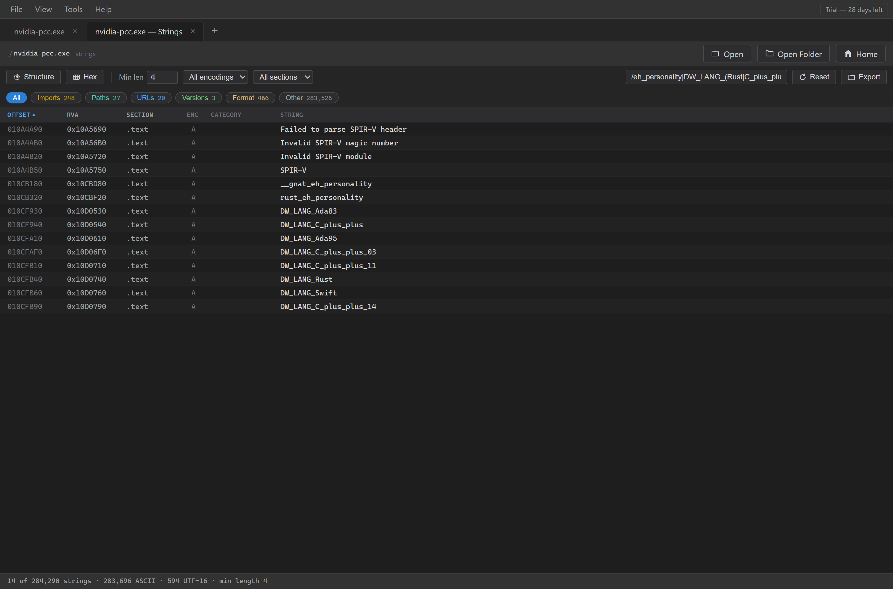 nvidia-pcc.exe. The Rust string sits between an Ada exception handler and a table of DWARF language tags. This is LLVM's own bookkeeping inside a shader-cache compiler, not Rust code.
