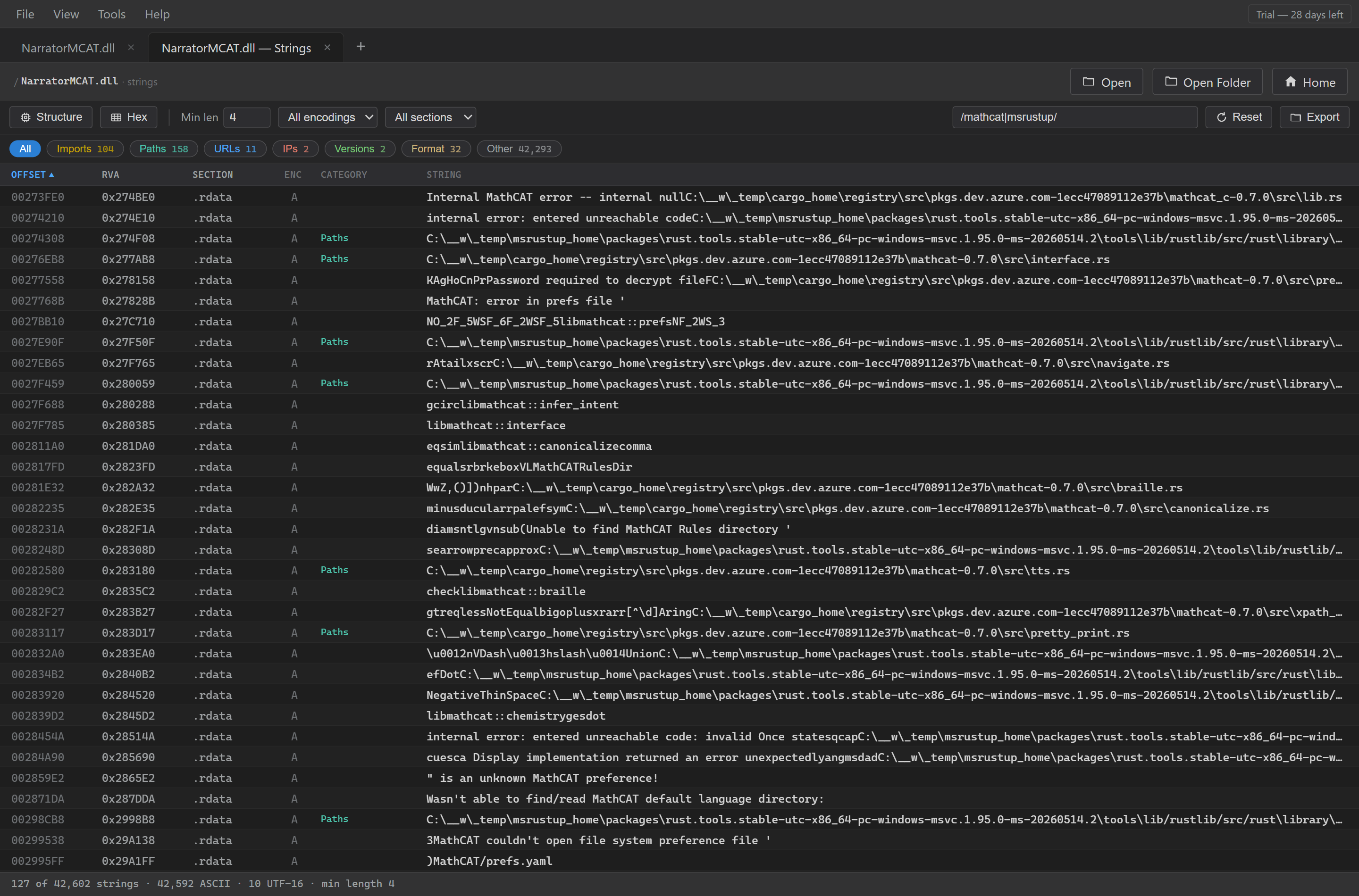 NarratorMCAT.dll, strings filtered with /mathcat|msrustup/. 127 of 42,602 extracted strings match: MathCAT 0.7.0 crate paths and a Microsoft Rust 1.95 toolchain package dated 14 May 2026.